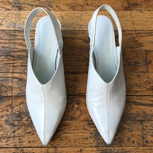 Size 10, white slip on midi heel mules